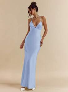 SHEIN BAE فستان أنيق طويل من الساتان بحمالات رفيعة وقصة ظهر مفتوحة، بلون أبيض و بيج فاتح، قصة غطاء الصدر على شكل حرف V عميق، مناسب لحفلات الربيع والصيف، فستان سهرة أنيق، فستان عطلة، فستان وصيفات العروس، فستان حفلة عيد ميلاد، فستان تخرج، فستان أبيض - أزرق فاتح اللون - مشاهدة 5