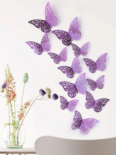 12/24/72pcs Hollow Butterfly Sticker, Purple Adhesive Paper Butterfly Wall Art For Home Decor,Stickers,Wall Decal, Vinyl Decal For Home Decorations,Spring Decoration Items Refresh Your Home,Rama Decoration Stickers Gifts Birthday
