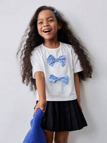 Maija Kids Maija Kids Young Girl Casual Loose Round Neck Bow Decor Short Sleeve T-Shirt