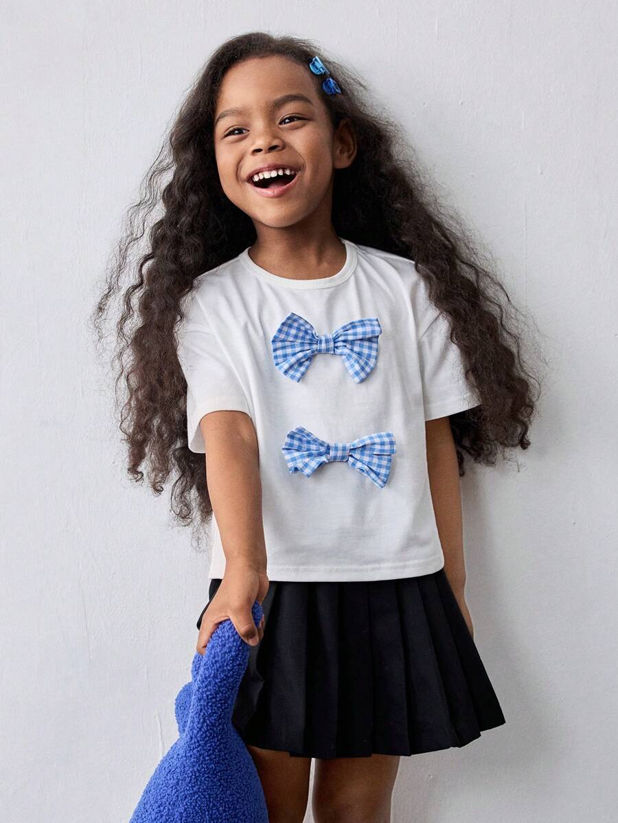 Maija Kids Maija Kids Young Girl Casual Loose Round Neck Bow Decor Short Sleeve T-Shirt