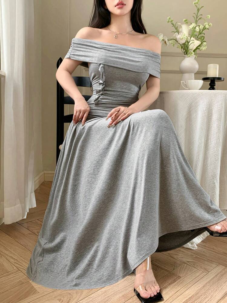 2pcs Women Off Shoulder Ruffle Trim Blouse And Skirt Set, Casual Sexy Slim Fit