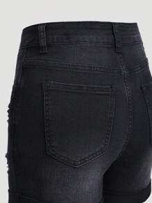 Fashionable Ripped & Frayed Hem Elastic Fitted Denim Shorts For Teenage Girls, Summer, School, Campus, College