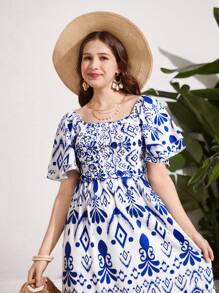 2pcs/Set Teenage Girls Vacation Geometric Print Top And Skirt Set - White - View 5