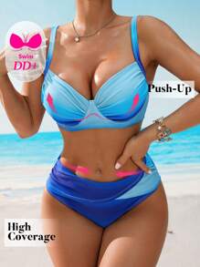 Swim DD+ Ombre Pleated Underwire Tankini Swimsuit Set For Summer Beach Vacation - Multicolor - View 3