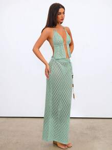 Aloruh Women's Spring/Summer Vacation Green Crochet Halter Neck & Super Low Waist Bodycon Skirt 2 Pieces Set