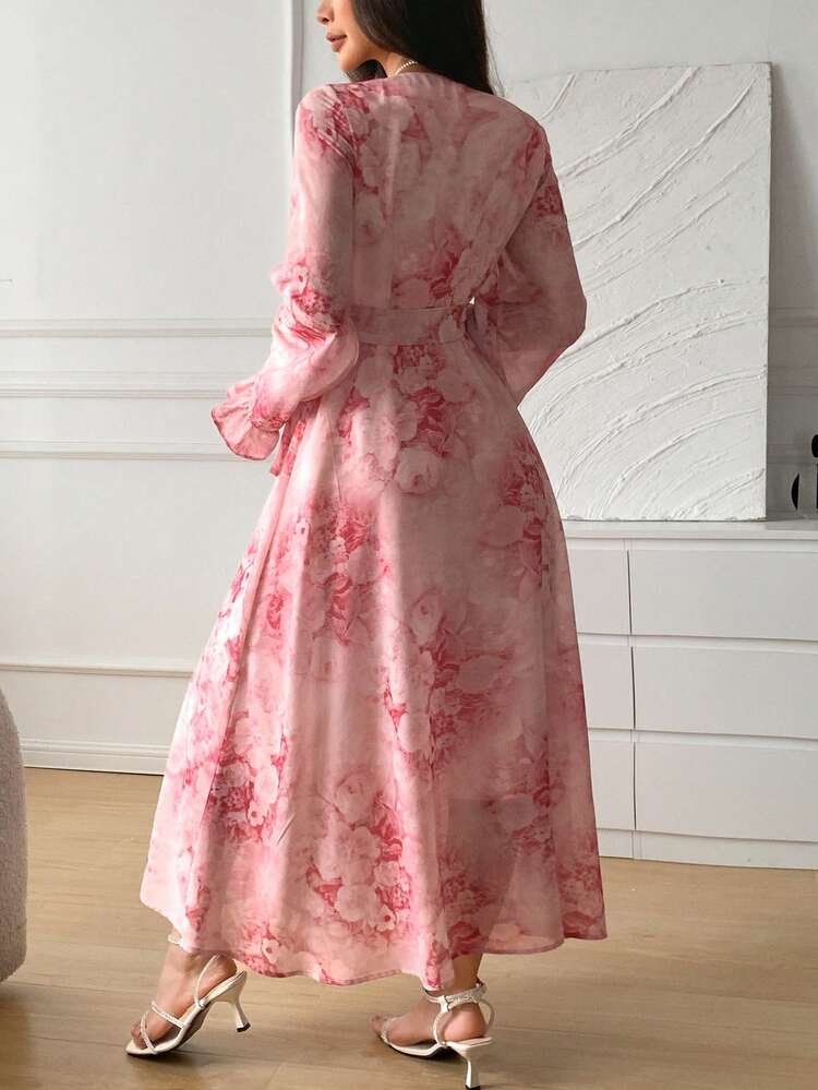 Women's Lace Up Full Print Mid-Long Casual Dress,Fall Dress Long Sleeve Dress Floral