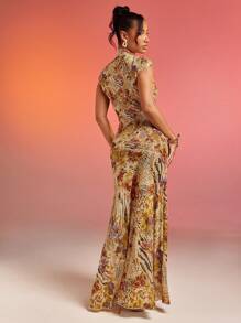 Hauture Abstract Floral Animal Print Lace Mesh Dress Vacation Dress