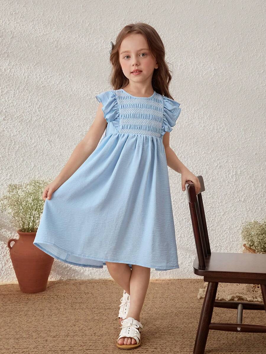 Blossori 亚麻年轻女孩蓝色荷叶边袖直筒连衣裙，适合节日/度假 - 藍色 - 查看 1