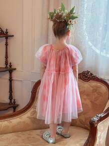 DAZY Young Girl Round Neck Tie Dye Floral Net Mesh Short Sleeve Elegant Dress, Summer - Pink - View 2