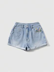 ROMWE 大码女童休闲可爱口袋蘑菇和向日葵刺绣牛仔A字卷边短裤