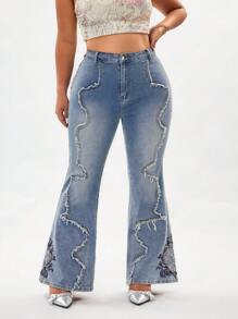 Jeanoix Pantalones de campana de talla grande en denim lavado vintage con bordados, corte holgado