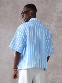 Sumwon Signature Resort Camp Collar Shirt Boxy Fit Summer Short Sleeve Cuban Bowling Button Down Casual Striped Streetwear Vacation Beach - Blue and White - View 2