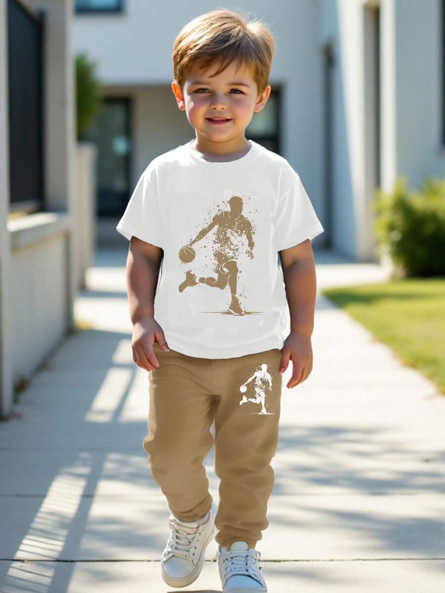 SHEIN 2 sztuki/zestaw dla chłopców, casualowy, prosty, okrągły dekolt, krótki rękaw, T-shirt i spodnie, odpowiednie na lato