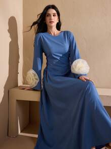 Graceveil Vestido elegante estilo árabe para mujer con estampado floral, parches y flecos en las mangas largas, vestidos árabes Jalabiya de línea A elegantes para fiestas de noche, modestos