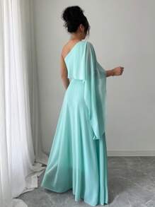 Elenzga Vestido de graduación elegante verde menta con capa asimétrica, corte evasé, cintura ceñida, romántico para mujeres