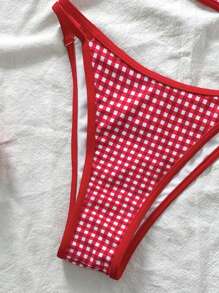 Swim Mod 2件套夏季女士格子随机印花细肩带性感比基尼 - 紅白色 - 查看 4