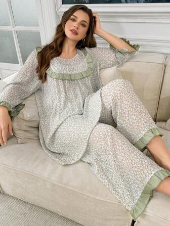 CottageSlumber 大码女式撞色荷叶边拼接宽松碎花长款睡袍和裤子睡衣套装，秋季服装