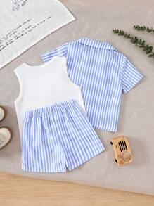 3 Stücke Set Sommer-Outfit für Babyjungen, kurzärmliges gestreiftes Webhemd, gestrickter ärmelloser Weste und gestreifter Webshorts, mit bedrucktem Grafikdesign, geeignet für den täglichen Gebrauch, Urlaub, Feiertage - Blau - Übersicht 2