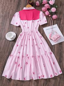 Teens Kleid mit Schalkragen Dekor, Kurzarm, weiter Schnitt