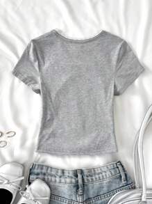 Camiseta de manga corta con cuello redondo, tejido de unicolor, estilo BM, con diseño de corbata, contraste de color bordado en la cintura lateral y recogida, para adolescentes, atuendos de verano, básicos, casuales