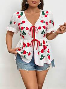 Flirla Plus Size Summer Casual Strawberry Print Tie-Up Shirt