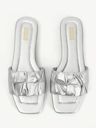 CUCCOO CHICEST Women's Pleated Twisted Toe Cap Design Flat Sandals, Elegant Casual Minimalist Unique Personalized Soft Lightweight Silver Metallic Material Ladies Flat Slides Beach Holiday Commute Shoes