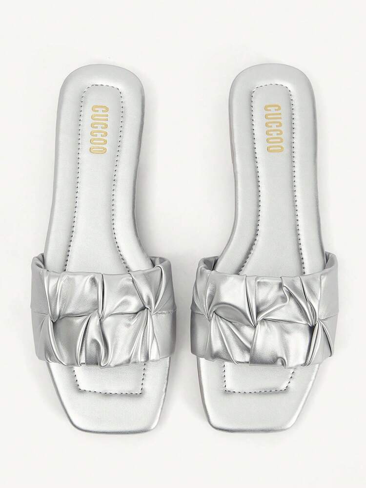 CUCCOO CHICEST Women's Pleated Twisted Toe Cap Design Flat Sandals, Elegant Casual Minimalist Unique Personalized Soft Lightweight Silver Metallic Material Ladies Flat Slides Beach Holiday Commute Shoes