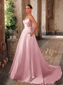 Glamrae 优雅简约缎面细肩带 V 领露背蝴蝶结可调节系带侧袋超长拖尾 A 字形婚纱，新娘 - 淺粉色 - 查看 3