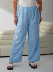 SHEIN EZwear Pantaloni a gamba ampia a righe blu e bianche in taglie grandi, adatti per la primavera/estate
