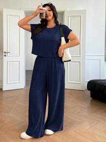 SHEIN EZwear Bộ 2 món cỡ lớn: Áo thun dệt kim tay cánh dơi in họa tiết rộng rãi và quần dài, màu xanh navy, Bộ 2 món xuân/hè dành cho nữ - Màu xanh hải quân - Xem 3