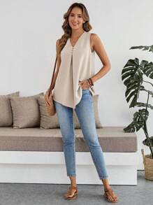 EMERY ROSE Women V-Neck Solid Color Casual Vacation Tank Top, Suitable For Summer - Apricot - View 6