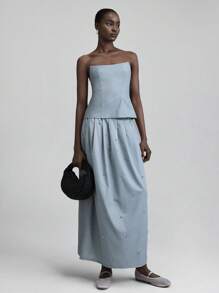 Ontre 2025年夏季优雅纯色水晶装饰长裙，适合海滩度假、俱乐部服装、教师制服、乡村音乐节、街头风格、斯德哥尔摩时尚、独立日女士夏季 - 灰色 - 查看 2