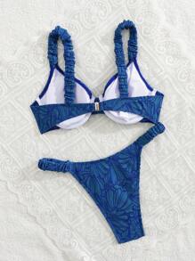 Swim Mod Set de 2 piezas Conjunto de bikini con tirantes anchos fruncidos de tela floral de unicolor para mujeres, apto para primavera, verano y vacaciones en la playa