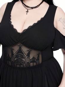 ROMWE Goth Váy hở vai cổ chữ V sâu thêu hoa phong cách Halloween cỡ lớn cho nữ - màu đen - Xem 2