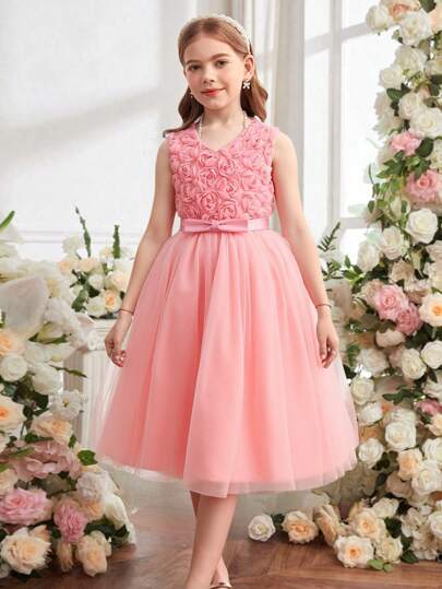 SHEIN Glamorique Kids Tween 女童花卉薄纱泡泡裙，花卉图案，适合派对、活动和各种场合，优雅迷人