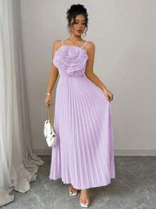 Rafferiza French Elegant Floral Decor Waist Pleat A-Line Dress, Yellow Color, Suitable For Daily Wear & Party, Women, Spring/Summer - Mauve Purple - View 8