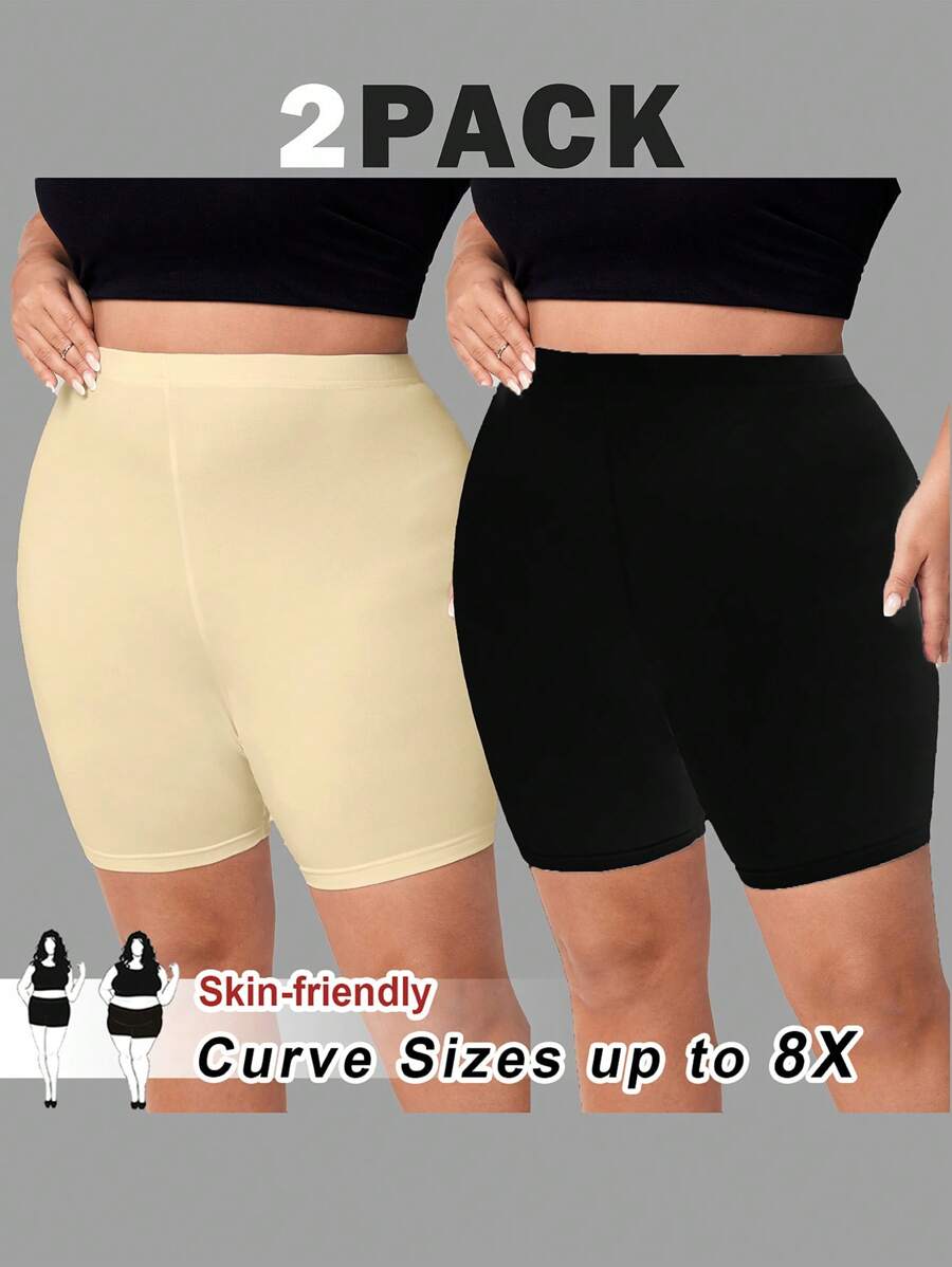 SHEIN CURVE+ 2 件大码女士休闲纯色紧身裤套装,适合夏季 - 彩色 - 查看 1