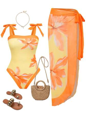 SHEIN Swim 2 件套女士简约花卉印花交叉系腰连体泳衣和系腰沙滩裙泳装，夏季