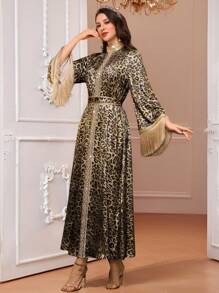 Al Najma Elegante abito da donna stile arabo, con stampa leopardata, inserto con frange sulle maniche, modesto - nero - Visualizzare 3