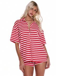 MUSERA Camisa con mangas cortas a botones de punto con tejido de ganchillo a rayas sobredimensionado, ideal para primavera, verano, vacaciones, playa y días festivos
