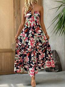 INAWLY Abito lungo da donna con stampa floreale, per vacanze casual, collo alla francese con fiocco in vita