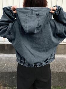 FRIFUL 女士纯色休闲拉链宽松长袖连帽牛仔夹克