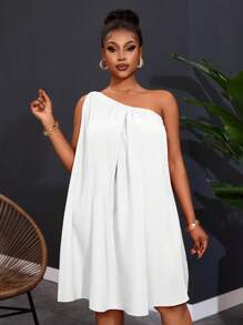 Slaydiva Plus Size Women's One Shoulder Sleeveless Solid Color Dress,Summer Outfits For Women,Sun Dresses For Women