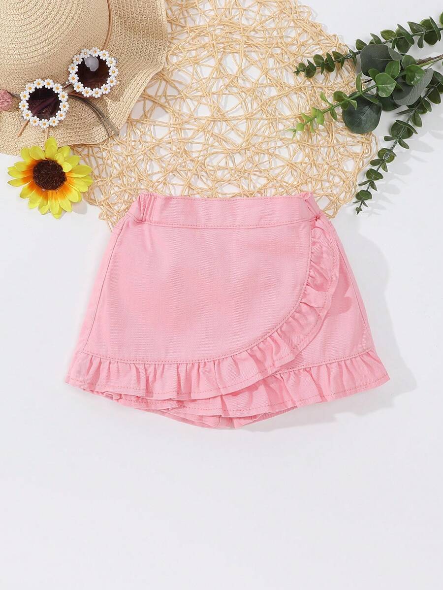 Young Girl Holiday Casual Daily Ruffles Details Two In One Denim Skort - Baby Pink - View 1