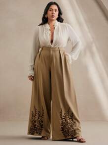Anewsta Pantaloni eleganti con ricamo floreale per donne formose, adatti per pendolarismo, primavera/estate, ideali per festival, lauree, casual business, vacanze