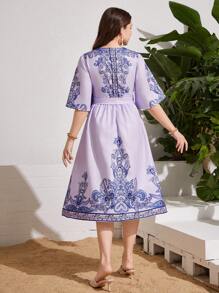 Elegant Print V-Neck Flare Sleeve Cinched Waist Mid-Length Dress For Teen Girls