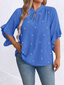 Plus Size Women Solid Color Pearl Decor Lace-Up Collar Short Sleeve Blouse - Blue - View 3