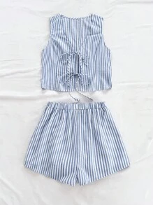 Soleia Conjunto de 2 piezas para vacaciones, compuesto por shorts sueltos con decoración de lazo y estampado de rayas azul y blanco en estilo fresco de macarrón, adecuado para uso casual en verano como graduaciones y bodas