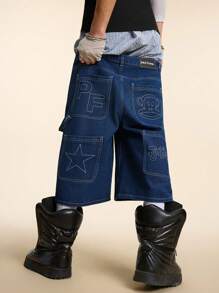Paul Frank X SHEIN Men's Embroidered Multi-Pocket Casual Loose Denim Shorts