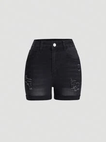 Fashionable Ripped & Frayed Hem Elastic Fitted Denim Shorts For Teenage Girls, Summer, School, Campus, College